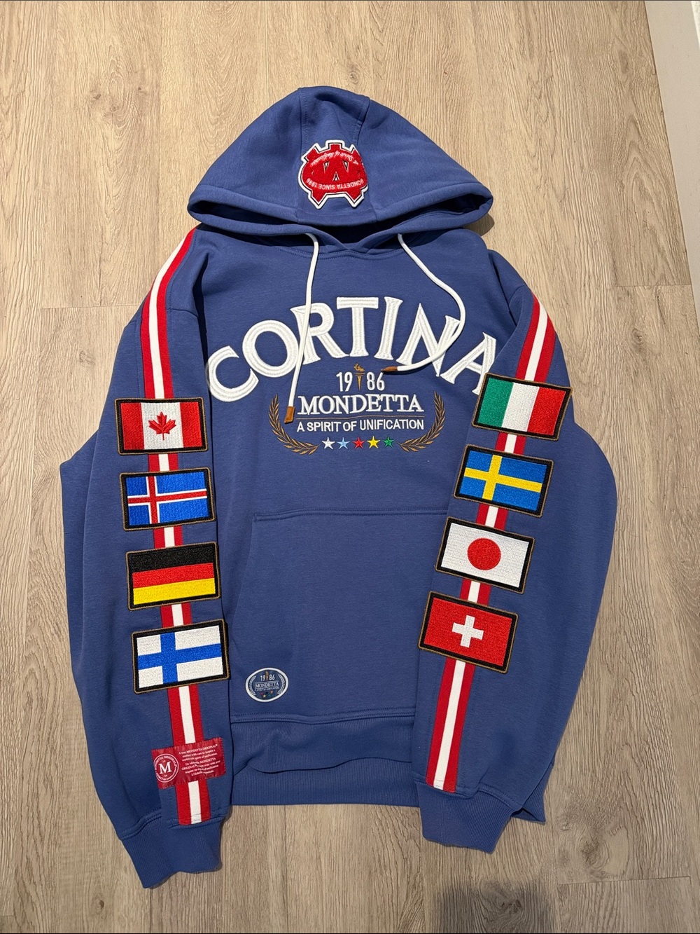 Mondetta Cortina Crewneck Hoodie in Navy with Red & White Accents